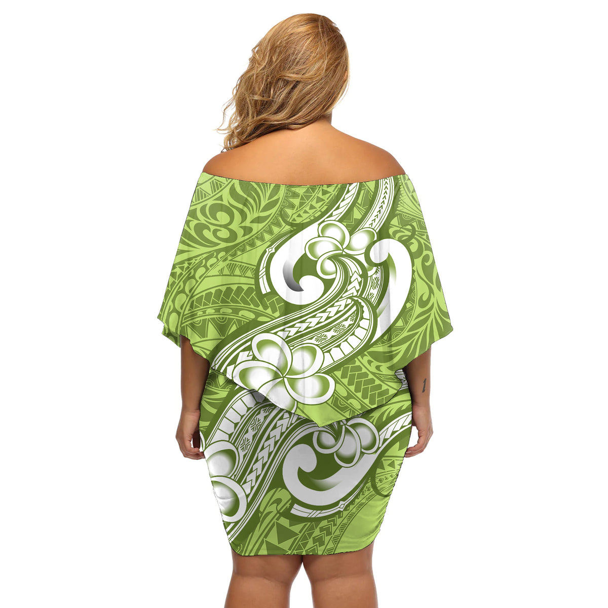 Polynesia Off Shoulder Short Dress Plumeria With Tribal Pattern Green Pastel Vibes - Wonder Print Shop
