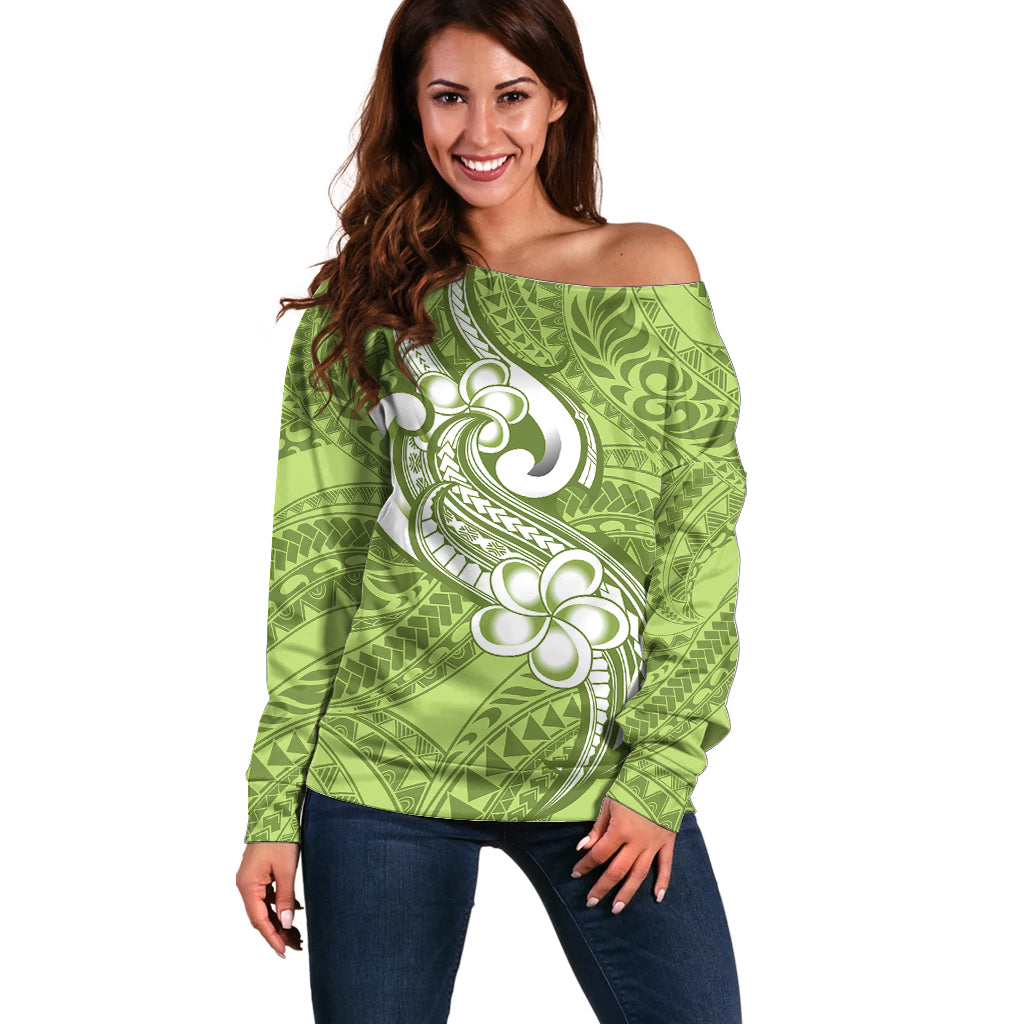 Polynesia Off Shoulder Sweater Plumeria With Tribal Pattern Green Pastel Vibes - Wonder Print Shop