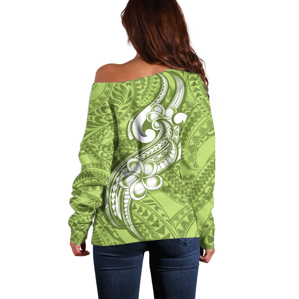 Polynesia Off Shoulder Sweater Plumeria With Tribal Pattern Green Pastel Vibes - Wonder Print Shop