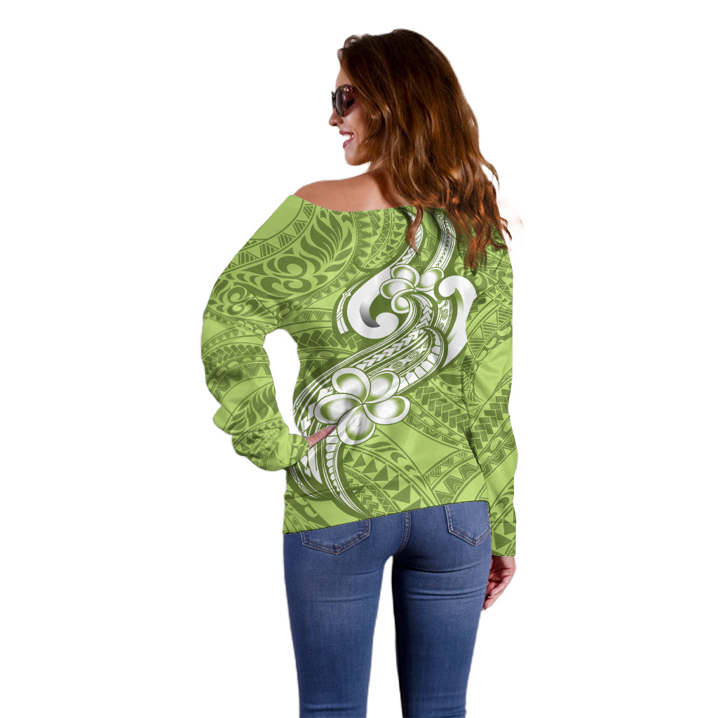 Polynesia Off Shoulder Sweater Plumeria With Tribal Pattern Green Pastel Vibes - Wonder Print Shop