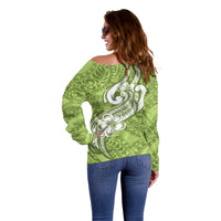 Polynesia Off Shoulder Sweater Plumeria With Tribal Pattern Green Pastel Vibes - Wonder Print Shop