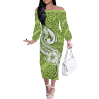 Polynesia Off The Shoulder Long Sleeve Dress Plumeria With Tribal Pattern Green Pastel Vibes - Wonder Print Shop