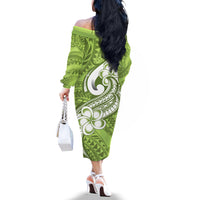 Polynesia Off The Shoulder Long Sleeve Dress Plumeria With Tribal Pattern Green Pastel Vibes - Wonder Print Shop