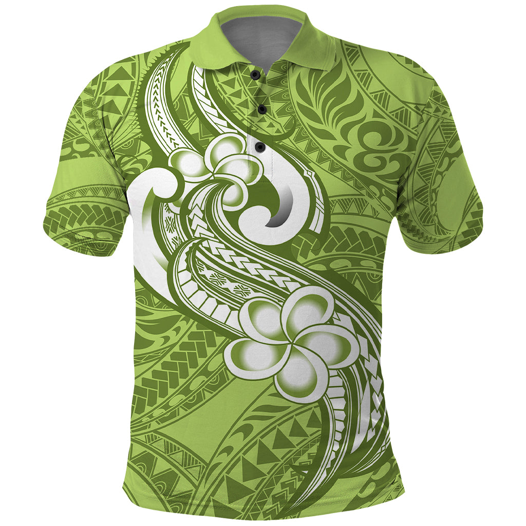 Polynesia Polo Shirt Plumeria With Tribal Pattern Green Pastel Vibes - Wonder Print Shop