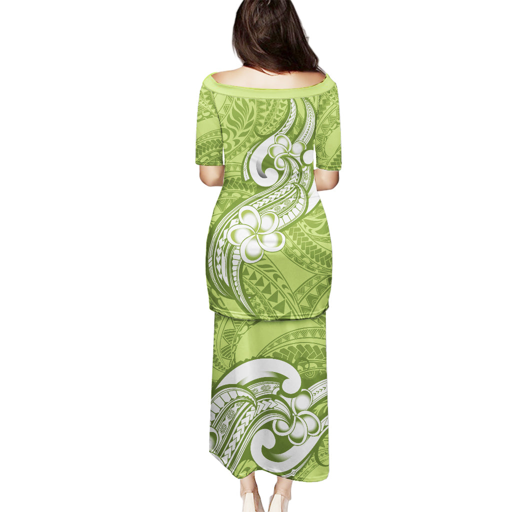 Polynesia Puletasi Plumeria With Tribal Pattern Green Pastel Vibes - Wonder Print Shop