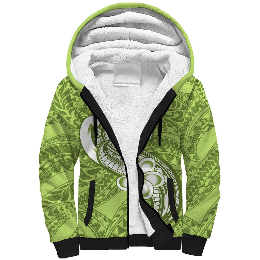 Polynesia Sherpa Hoodie Plumeria With Tribal Pattern Green Pastel Vibes - Wonder Print Shop