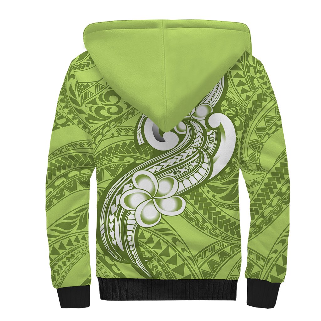 Polynesia Sherpa Hoodie Plumeria With Tribal Pattern Green Pastel Vibes - Wonder Print Shop