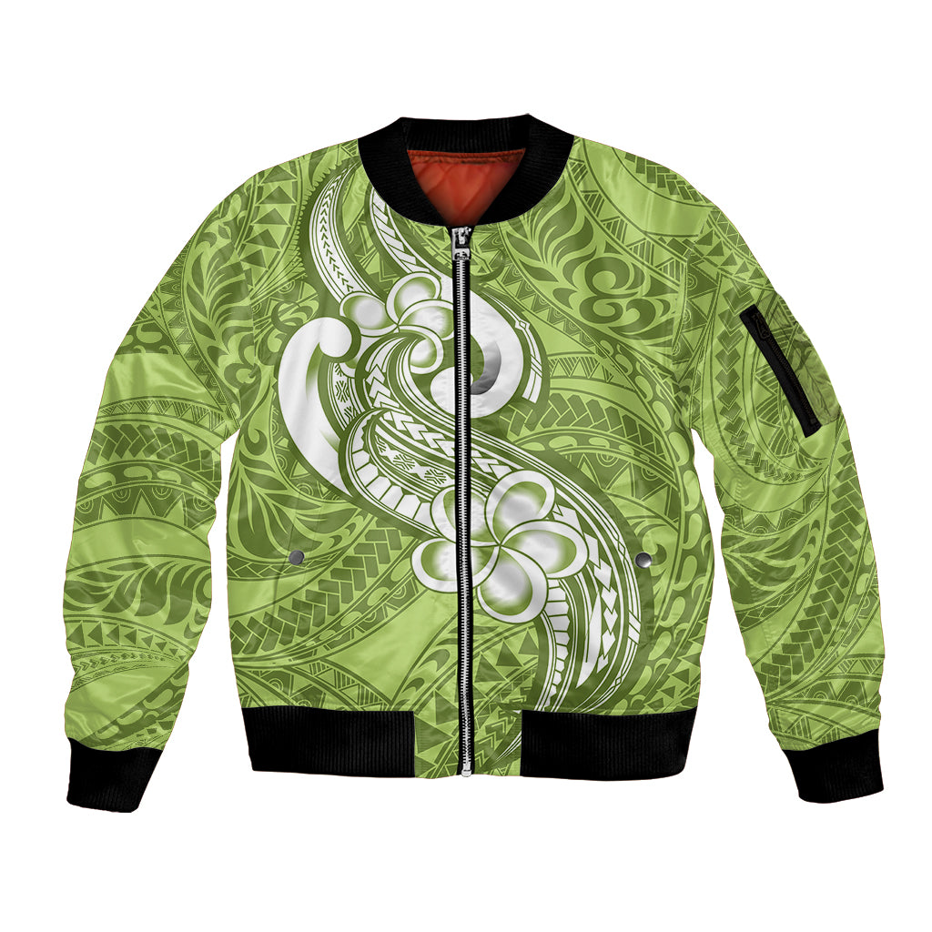Polynesia Sleeve Zip Bomber Jacket Plumeria With Tribal Pattern Green Pastel Vibes - Wonder Print Shop