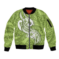 Polynesia Sleeve Zip Bomber Jacket Plumeria With Tribal Pattern Green Pastel Vibes - Wonder Print Shop