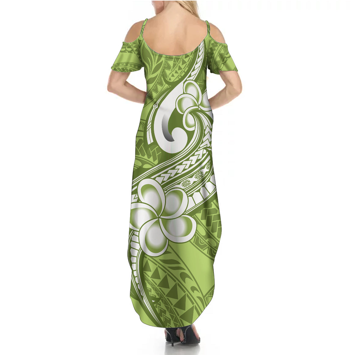 Polynesia Summer Maxi Dress Plumeria With Tribal Pattern Green Pastel Vibes - Wonder Print Shop