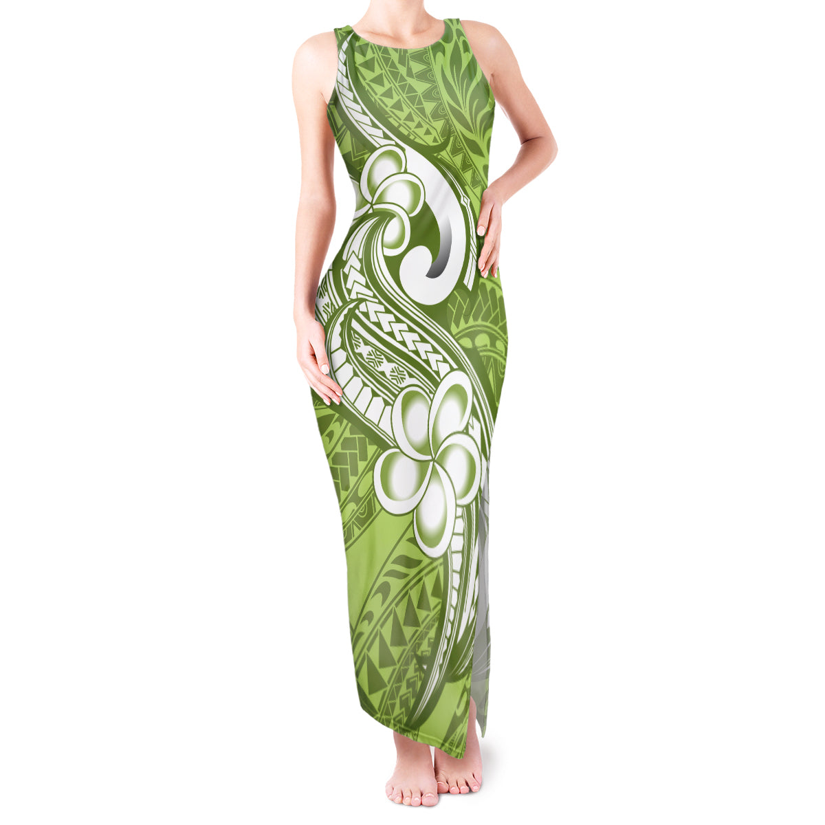 Polynesia Tank Maxi Dress Plumeria With Tribal Pattern Green Pastel Vibes - Wonder Print Shop