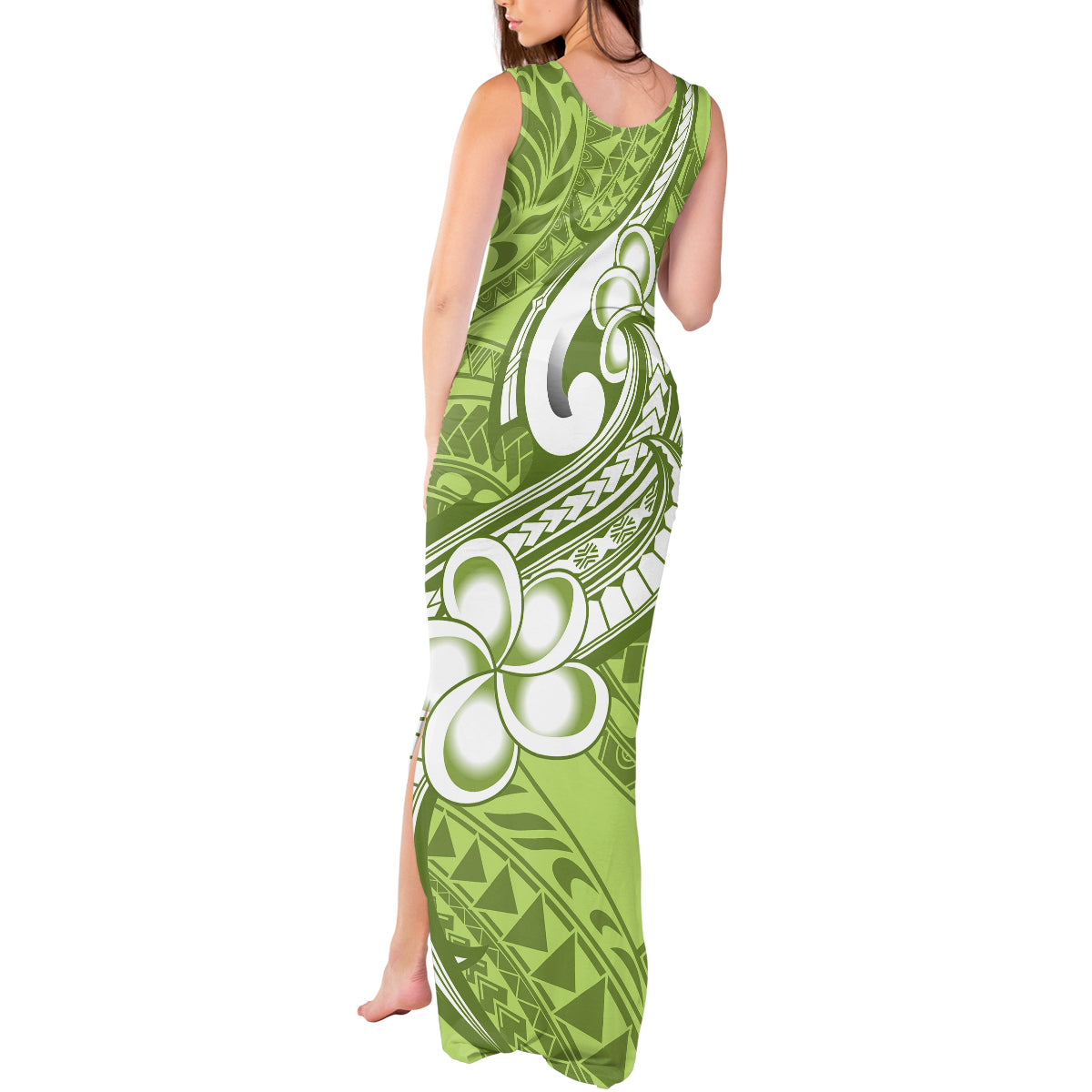Polynesia Tank Maxi Dress Plumeria With Tribal Pattern Green Pastel Vibes - Wonder Print Shop