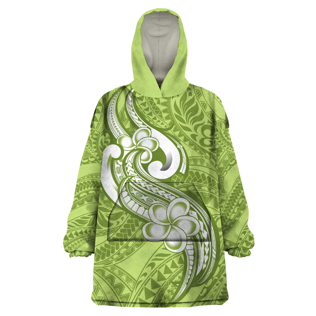 Polynesia Wearable Blanket Hoodie Plumeria With Tribal Pattern Green Pastel Vibes - Wonder Print Shop