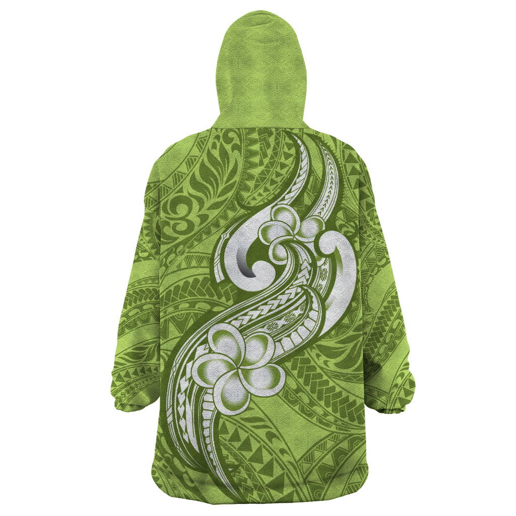 Polynesia Wearable Blanket Hoodie Plumeria With Tribal Pattern Green Pastel Vibes - Wonder Print Shop