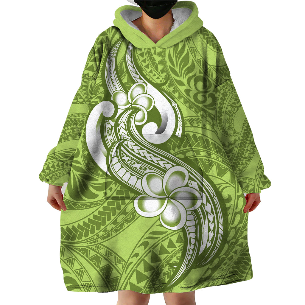 Polynesia Wearable Blanket Hoodie Plumeria With Tribal Pattern Green Pastel Vibes - Wonder Print Shop