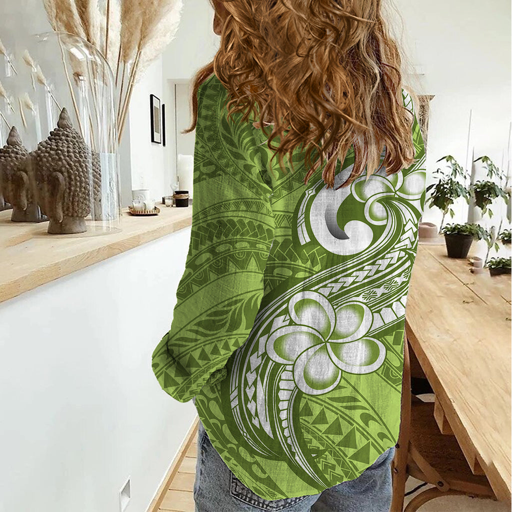 Polynesia Women Casual Shirt Plumeria With Tribal Pattern Green Pastel Vibes - Wonder Print Shop
