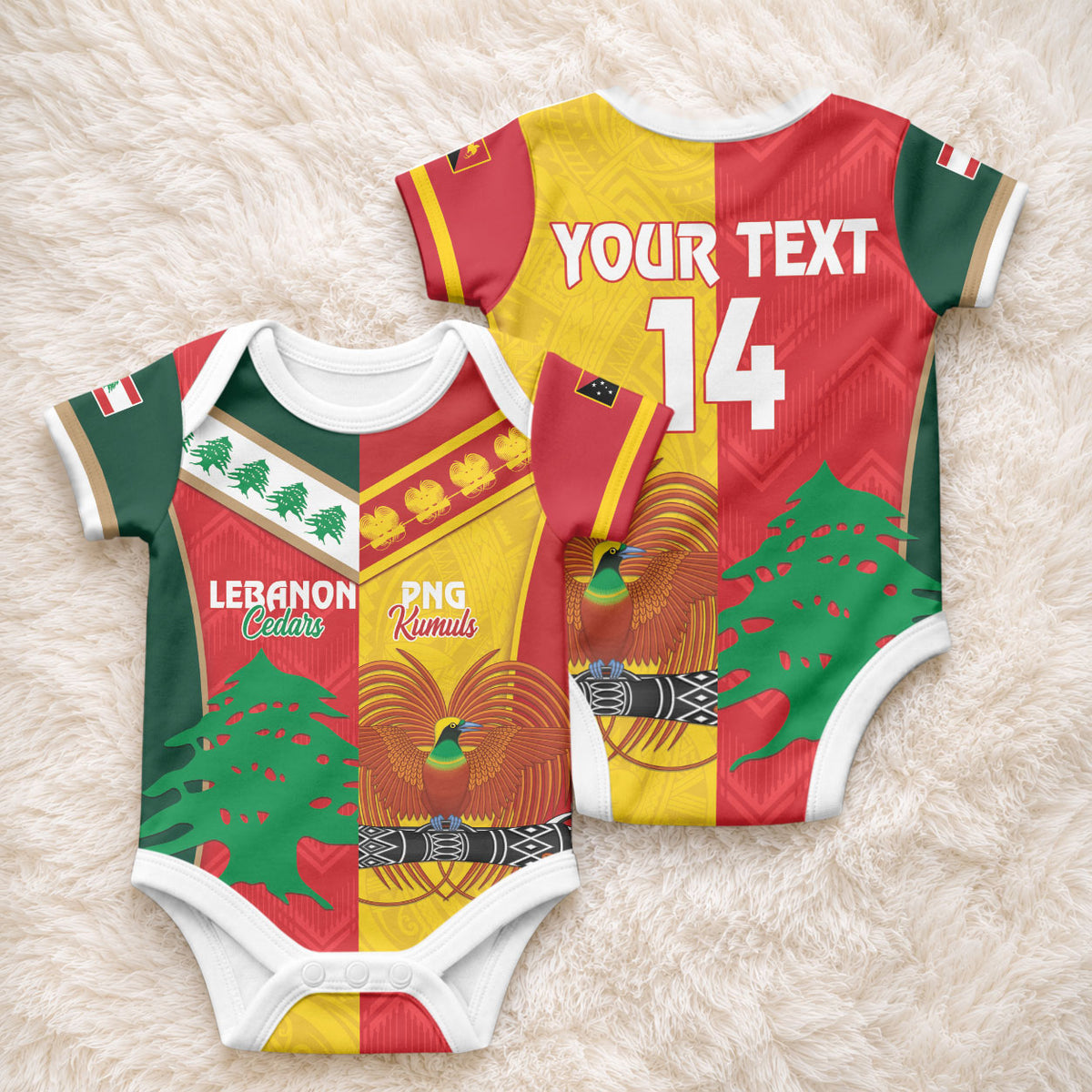 Custom Rugby Papua New Guinea and Lebanon Baby Onesie PNG Kumuls Cedars Together