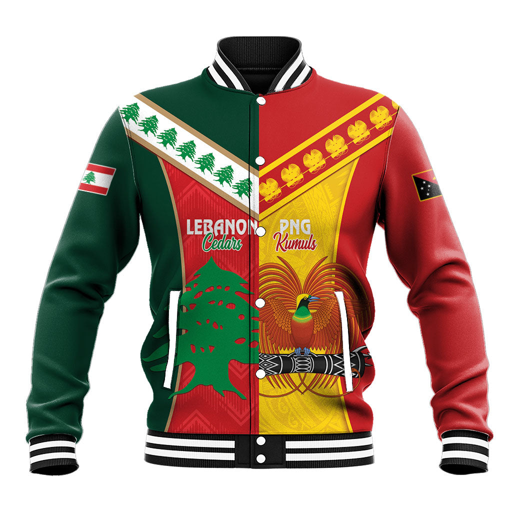 Custom Rugby Papua New Guinea and Lebanon Baseball Jacket PNG Kumuls Cedars Together
