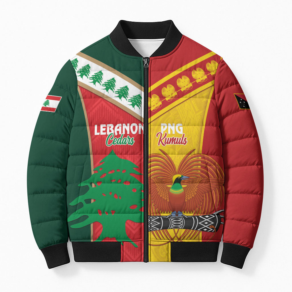 Custom Rugby Papua New Guinea and Lebanon Bomber Puffer Jacket PNG Kumuls Cedars Together
