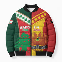 Custom Rugby Papua New Guinea and Lebanon Bomber Puffer Jacket PNG Kumuls Cedars Together