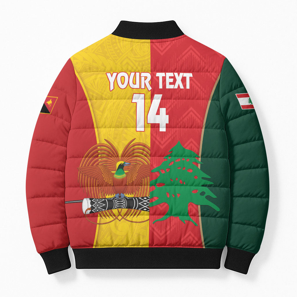 Custom Rugby Papua New Guinea and Lebanon Bomber Puffer Jacket PNG Kumuls Cedars Together