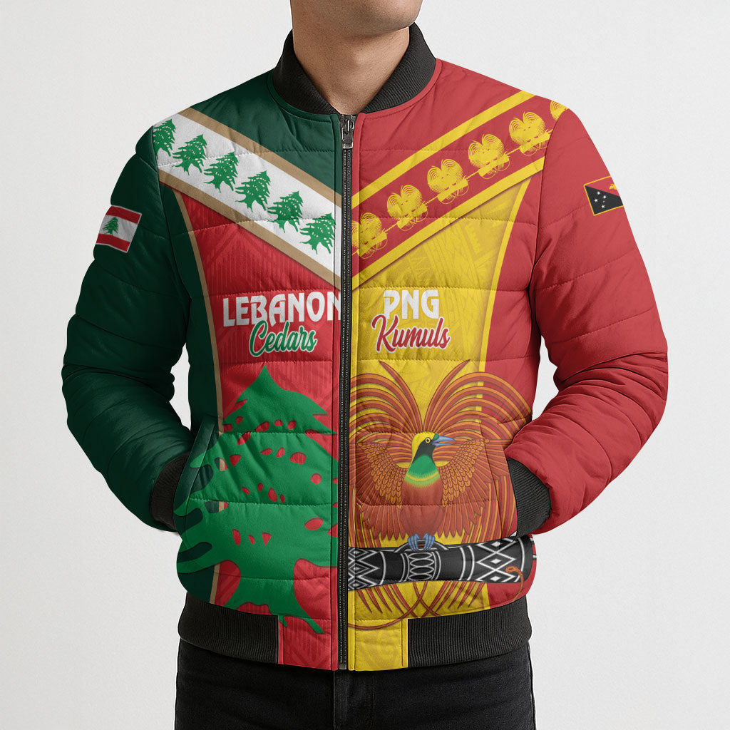 Custom Rugby Papua New Guinea and Lebanon Bomber Puffer Jacket PNG Kumuls Cedars Together