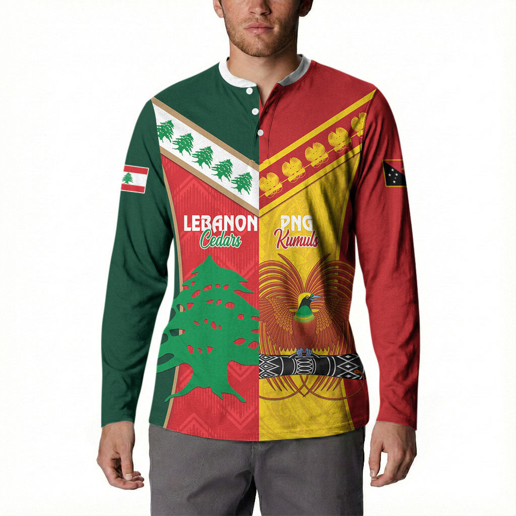 Custom Rugby Papua New Guinea and Lebanon Button Sweatshirt PNG Kumuls Cedars Together