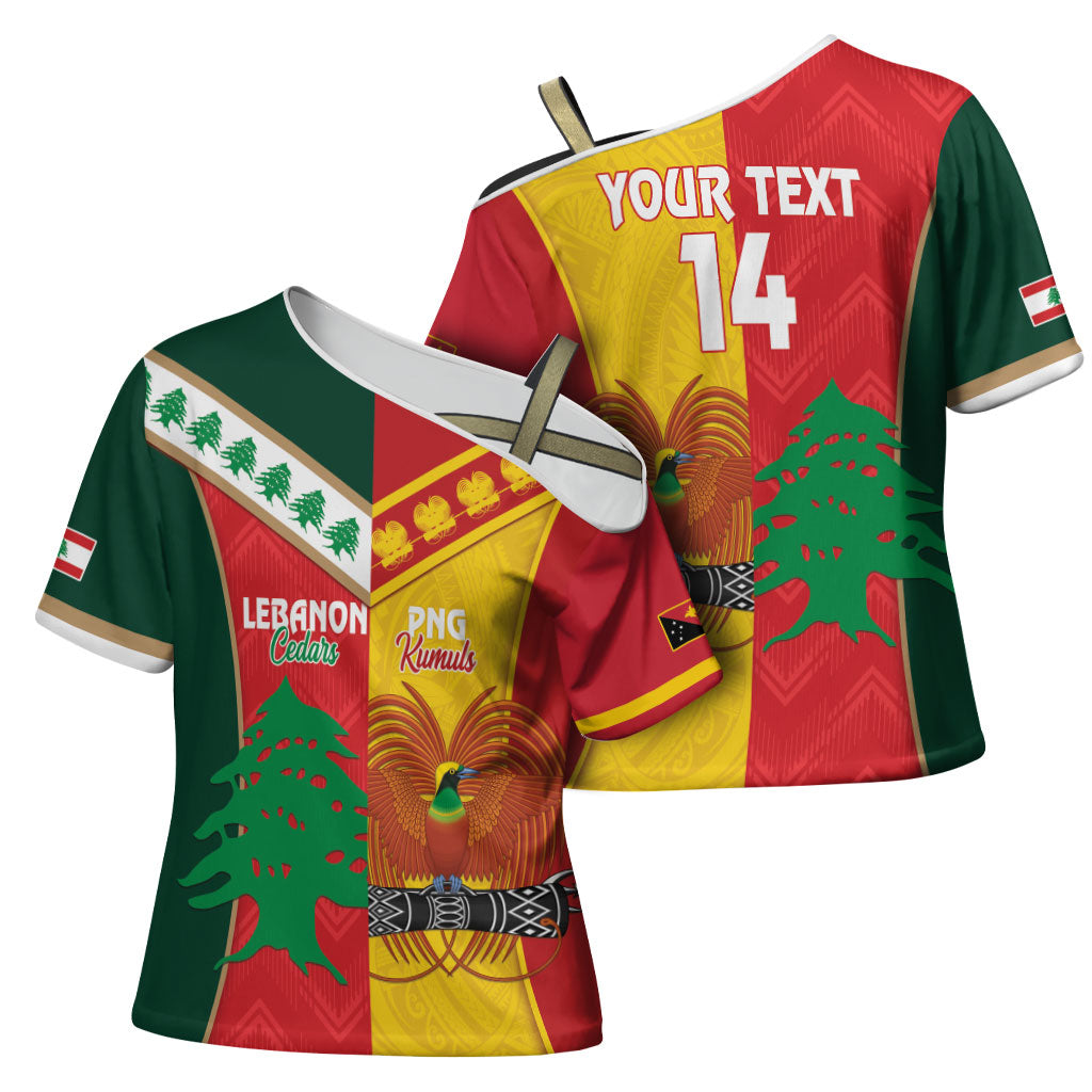 Custom Rugby Papua New Guinea and Lebanon Cross Shoulder Shirt PNG Kumuls Cedars Together