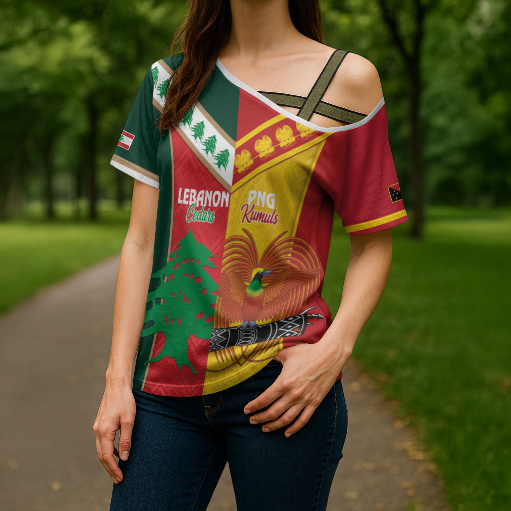Custom Rugby Papua New Guinea and Lebanon Cross Shoulder Shirt PNG Kumuls Cedars Together