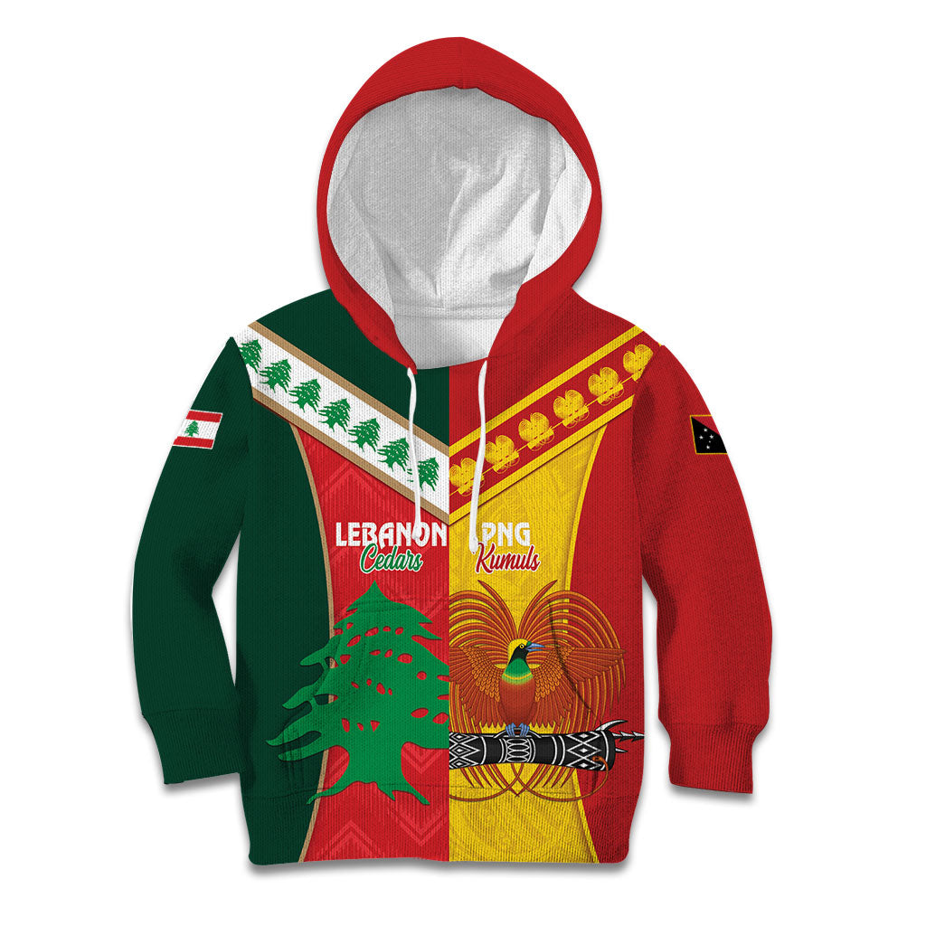 Custom Rugby Papua New Guinea and Lebanon Kid Hoodie PNG Kumuls Cedars Together