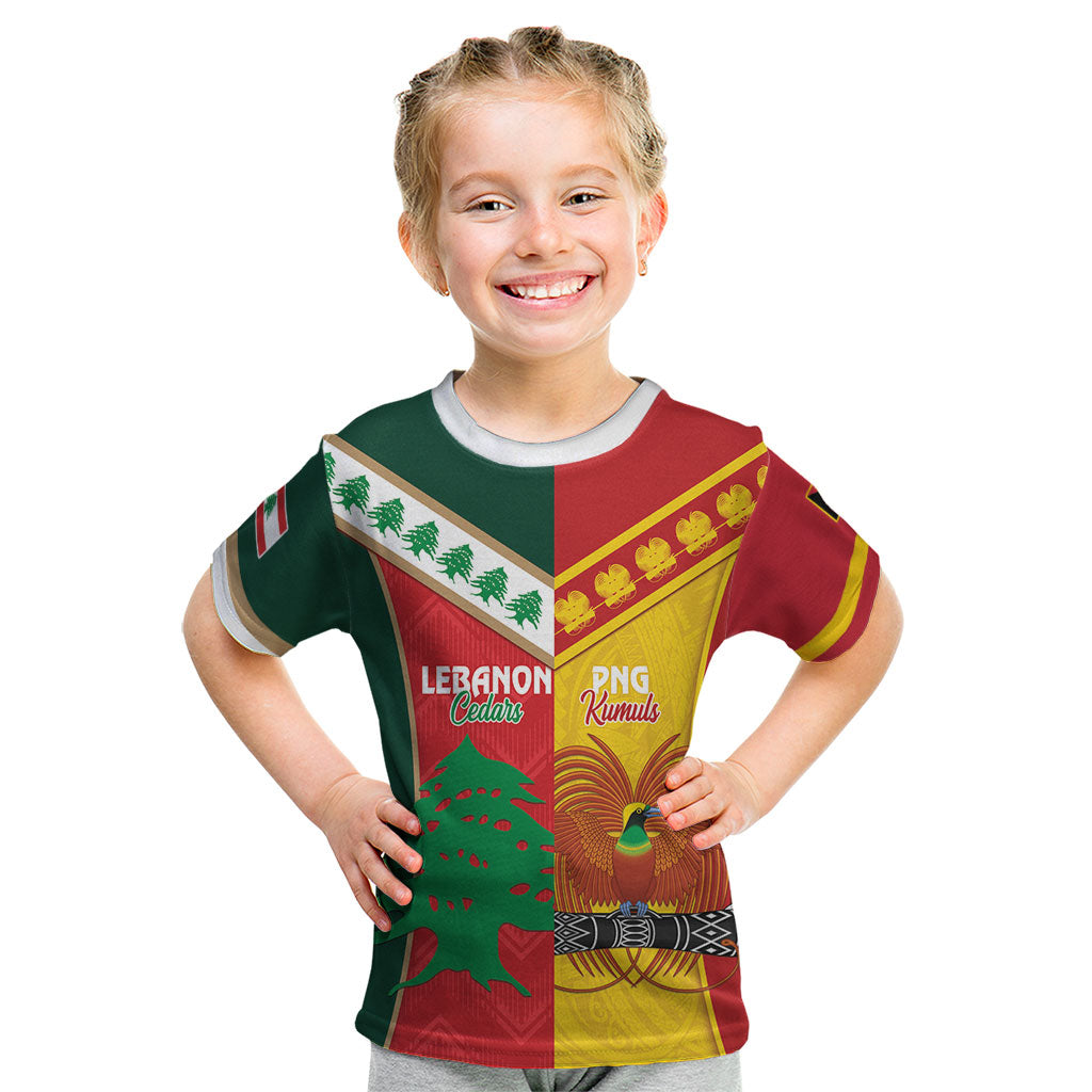 Custom Rugby Papua New Guinea and Lebanon Kid T Shirt PNG Kumuls Cedars Together