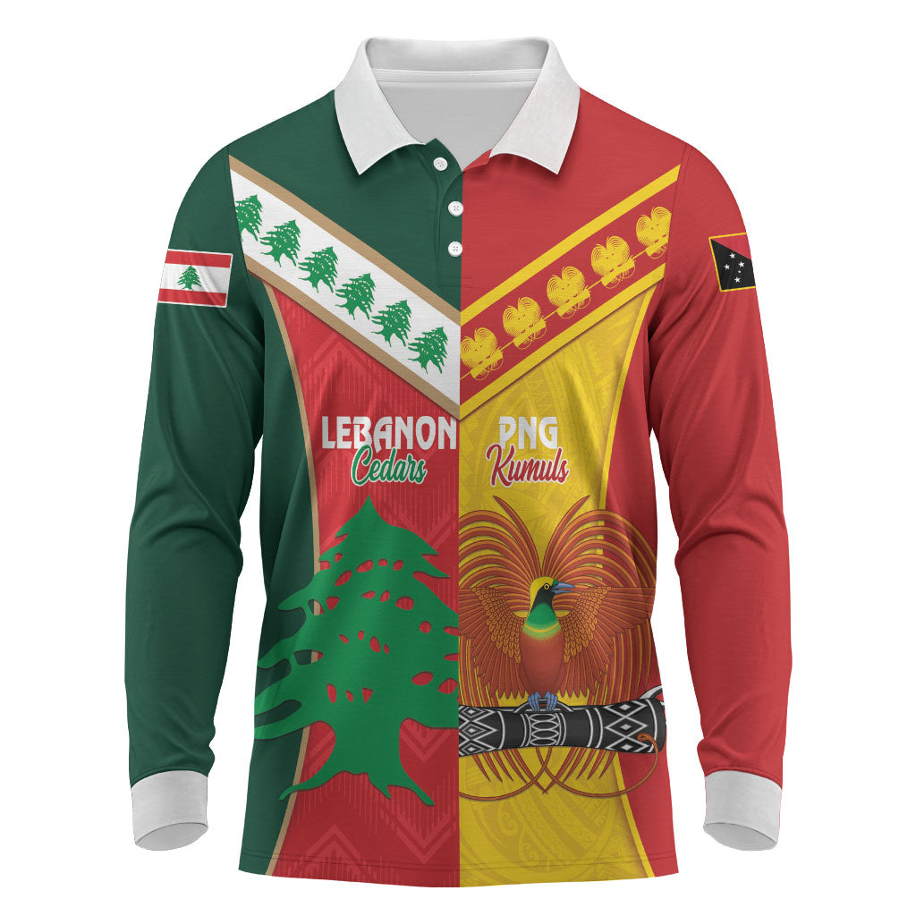 Custom Rugby Papua New Guinea and Lebanon Long Sleeve Polo Shirt PNG Kumuls Cedars Together
