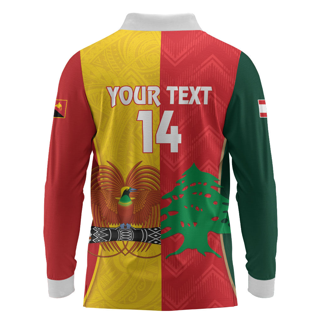 Custom Rugby Papua New Guinea and Lebanon Long Sleeve Polo Shirt PNG Kumuls Cedars Together