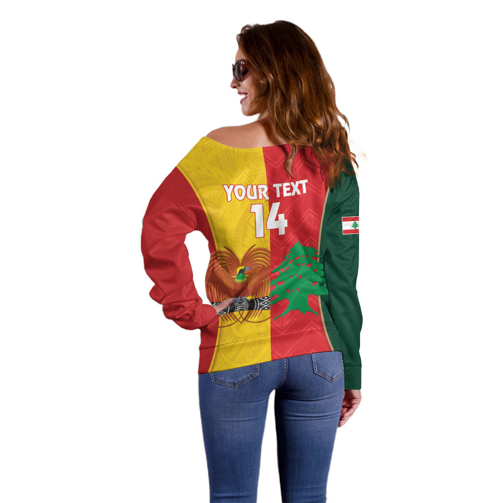 Custom Rugby Papua New Guinea and Lebanon Off Shoulder Sweater PNG Kumuls Cedars Together