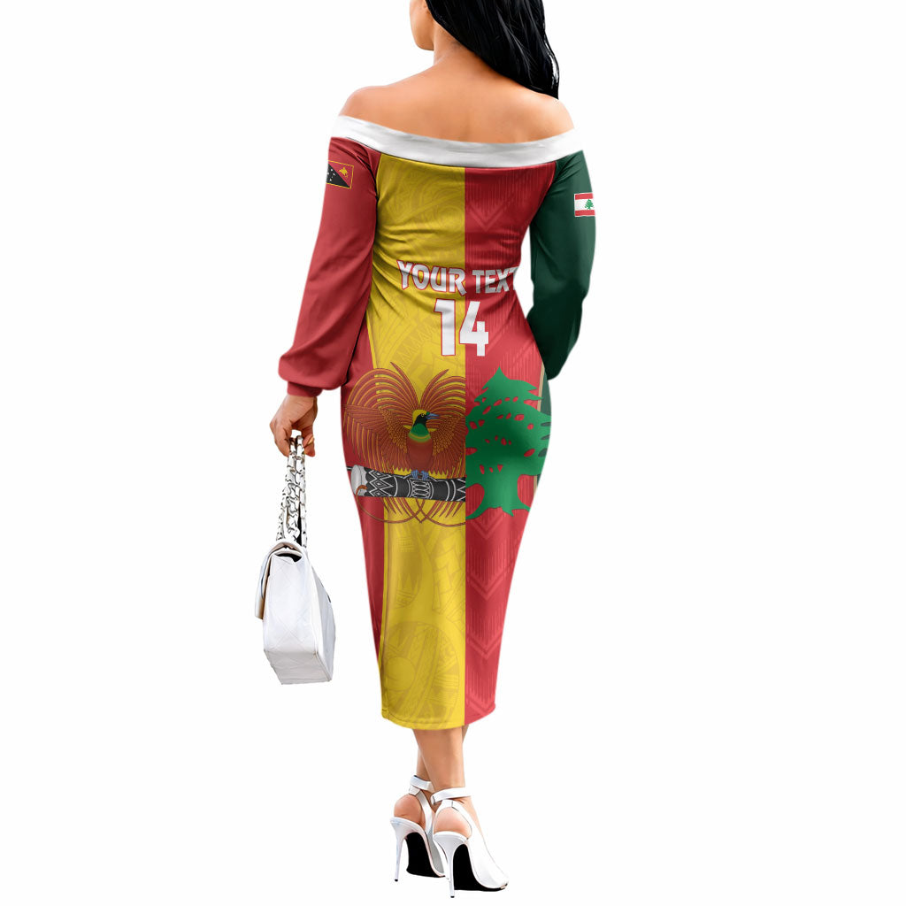 Custom Rugby Papua New Guinea and Lebanon Off The Shoulder Long Sleeve Dress PNG Kumuls Cedars Together