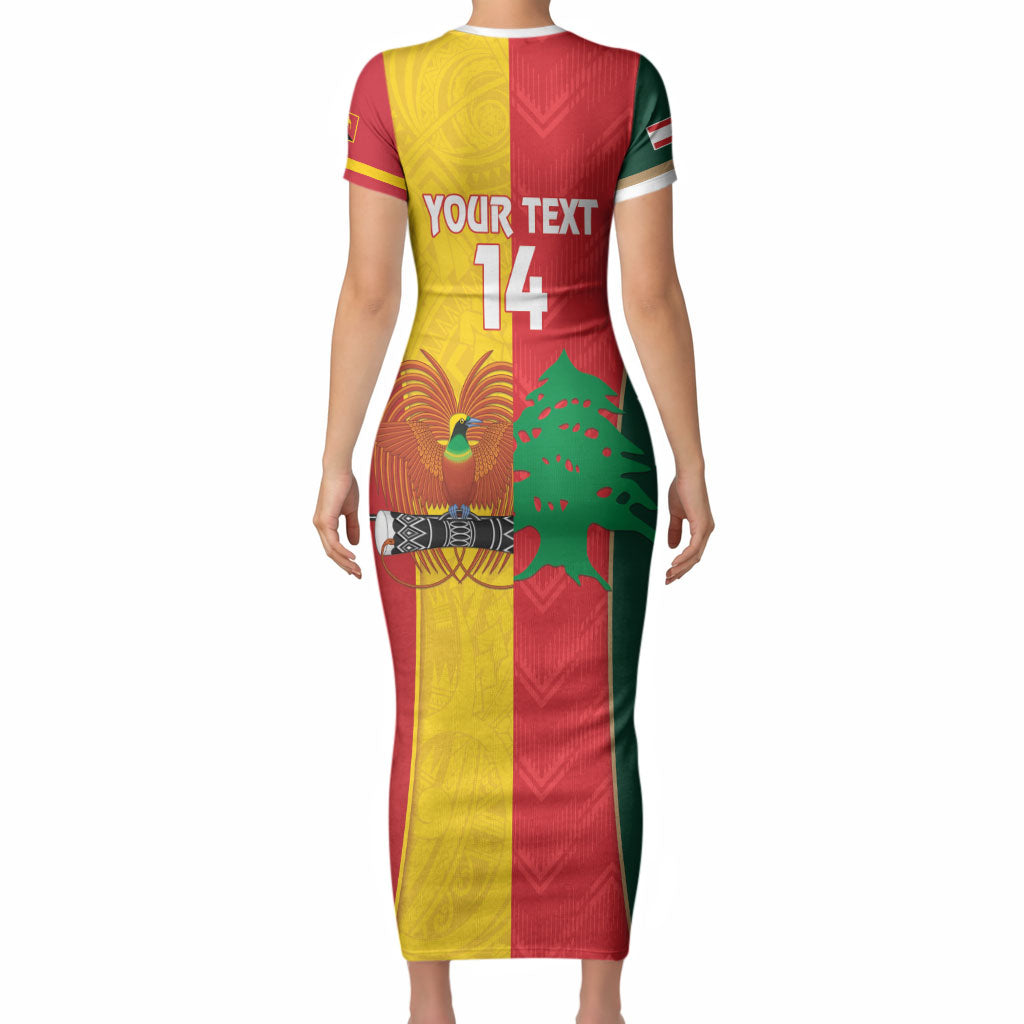 Custom Rugby Papua New Guinea and Lebanon Short Sleeve Bodycon Dress PNG Kumuls Cedars Together