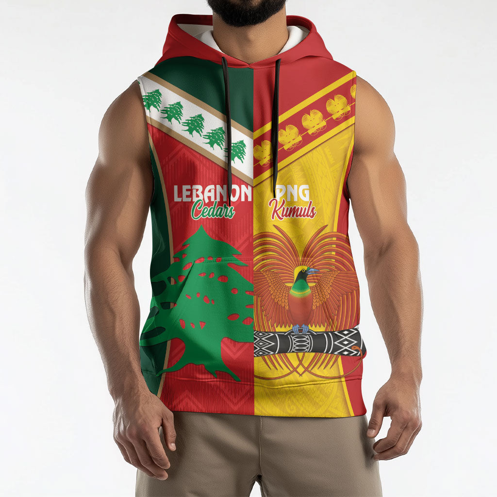 Custom Rugby Papua New Guinea and Lebanon Sleeveless Hoodie PNG Kumuls Cedars Together