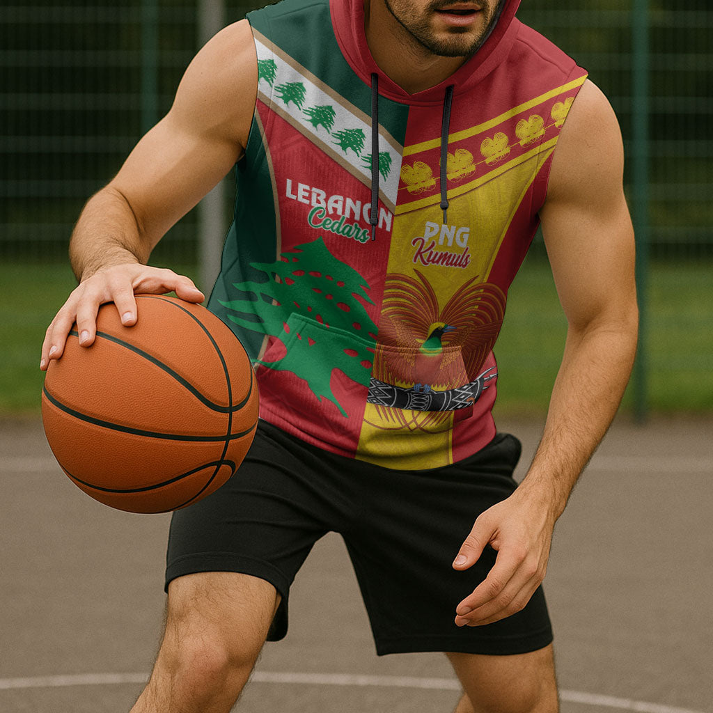Custom Rugby Papua New Guinea and Lebanon Sleeveless Hoodie PNG Kumuls Cedars Together