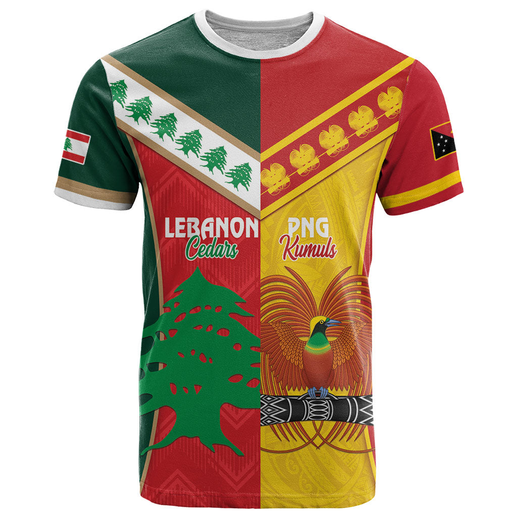 Custom Rugby Papua New Guinea and Lebanon T Shirt PNG Kumuls Cedars Together