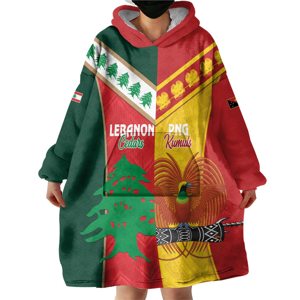 Custom Rugby Papua New Guinea and Lebanon Wearable Blanket Hoodie PNG Kumuls Cedars Together