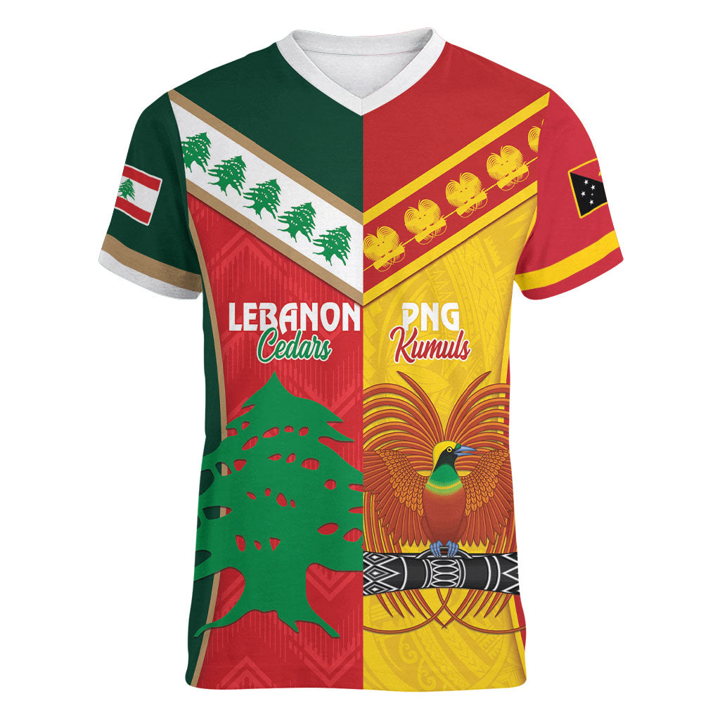 Custom Rugby Papua New Guinea and Lebanon Women V-Neck T-Shirt PNG Kumuls Cedars Together