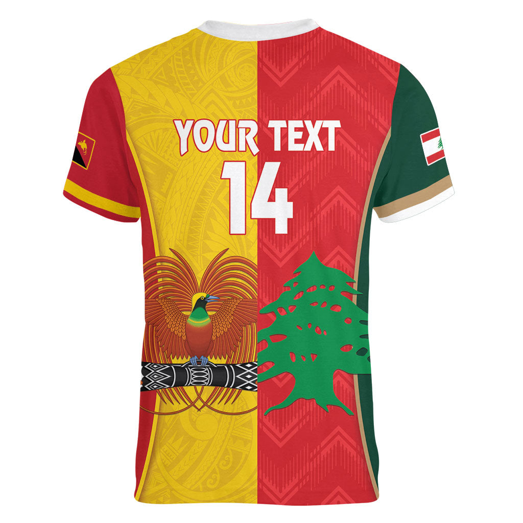 Custom Rugby Papua New Guinea and Lebanon Women V-Neck T-Shirt PNG Kumuls Cedars Together