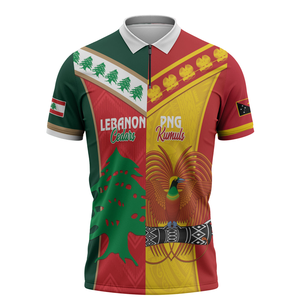 Custom Rugby Papua New Guinea and Lebanon Zipper Polo Shirt PNG Kumuls Cedars Together