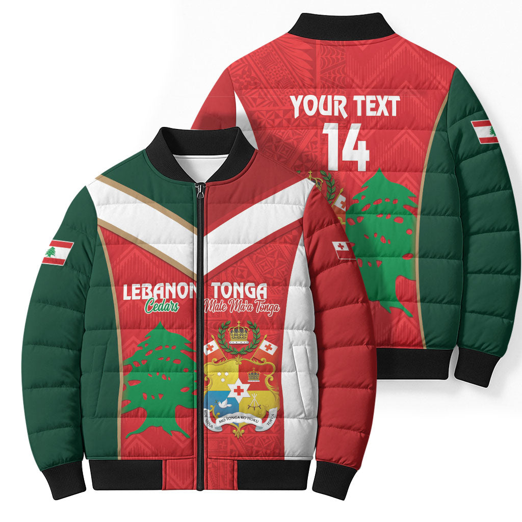 Custom Rugby Tonga and Lebanon Bomber Puffer Jacket Mate Maa Tonga Cedars Together