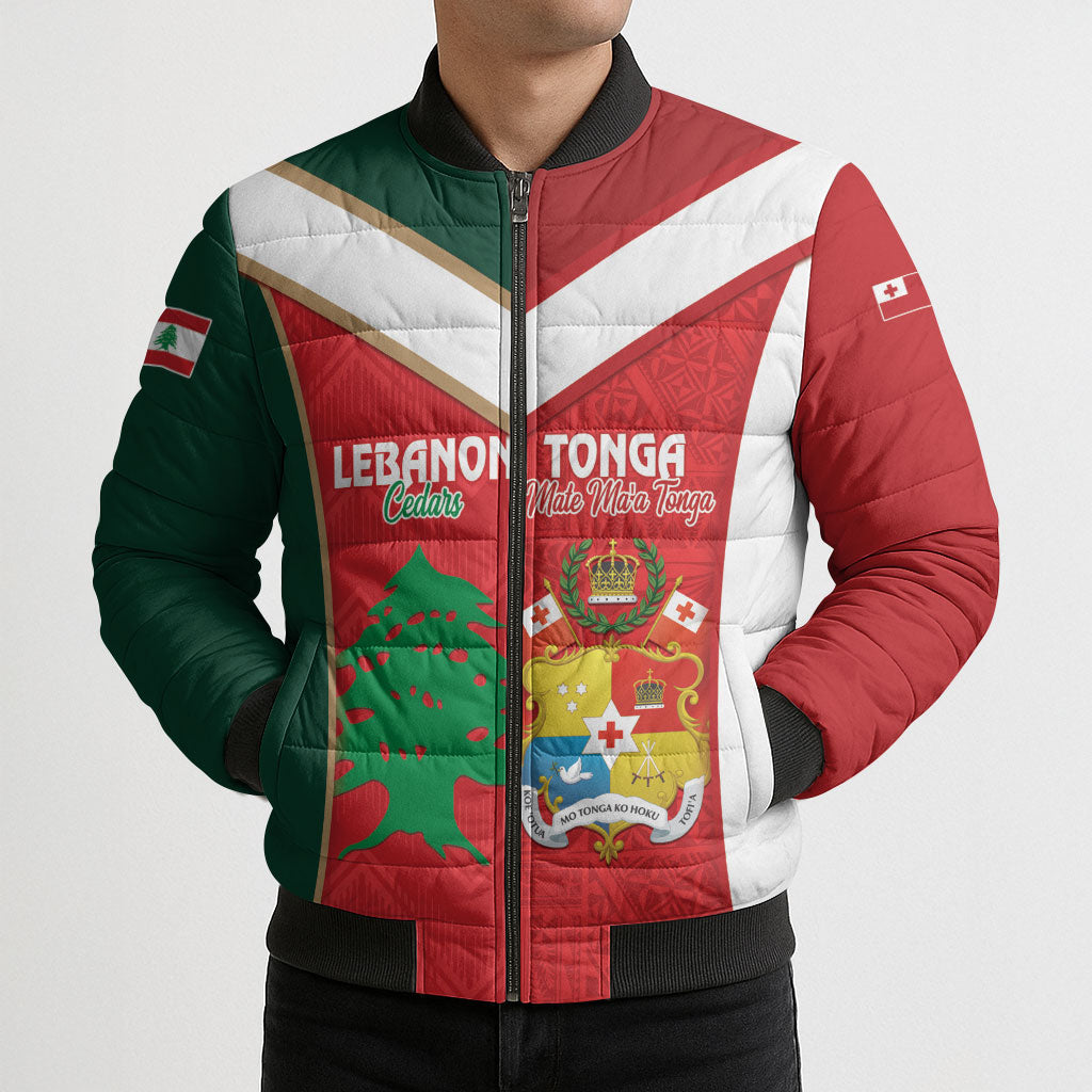 Custom Rugby Tonga and Lebanon Bomber Puffer Jacket Mate Maa Tonga Cedars Together