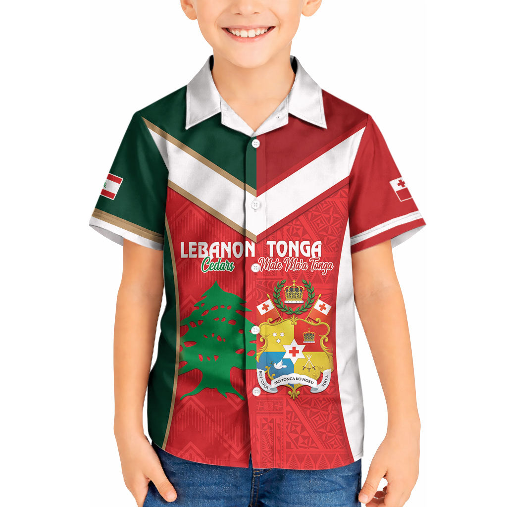 Custom Rugby Tonga and Lebanon Kid Hawaiian Shirt Mate Maa Tonga Cedars Together