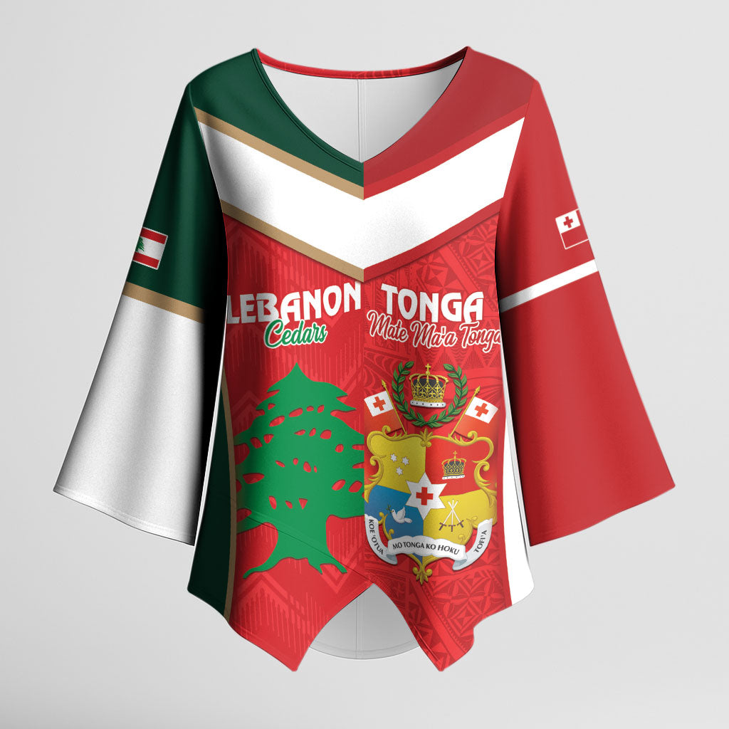 Custom Rugby Tonga and Lebanon Kimono Sleeve Blouse Mate Maa Tonga Cedars Together