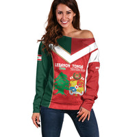 Custom Rugby Tonga and Lebanon Off Shoulder Sweater Mate Maa Tonga Cedars Together