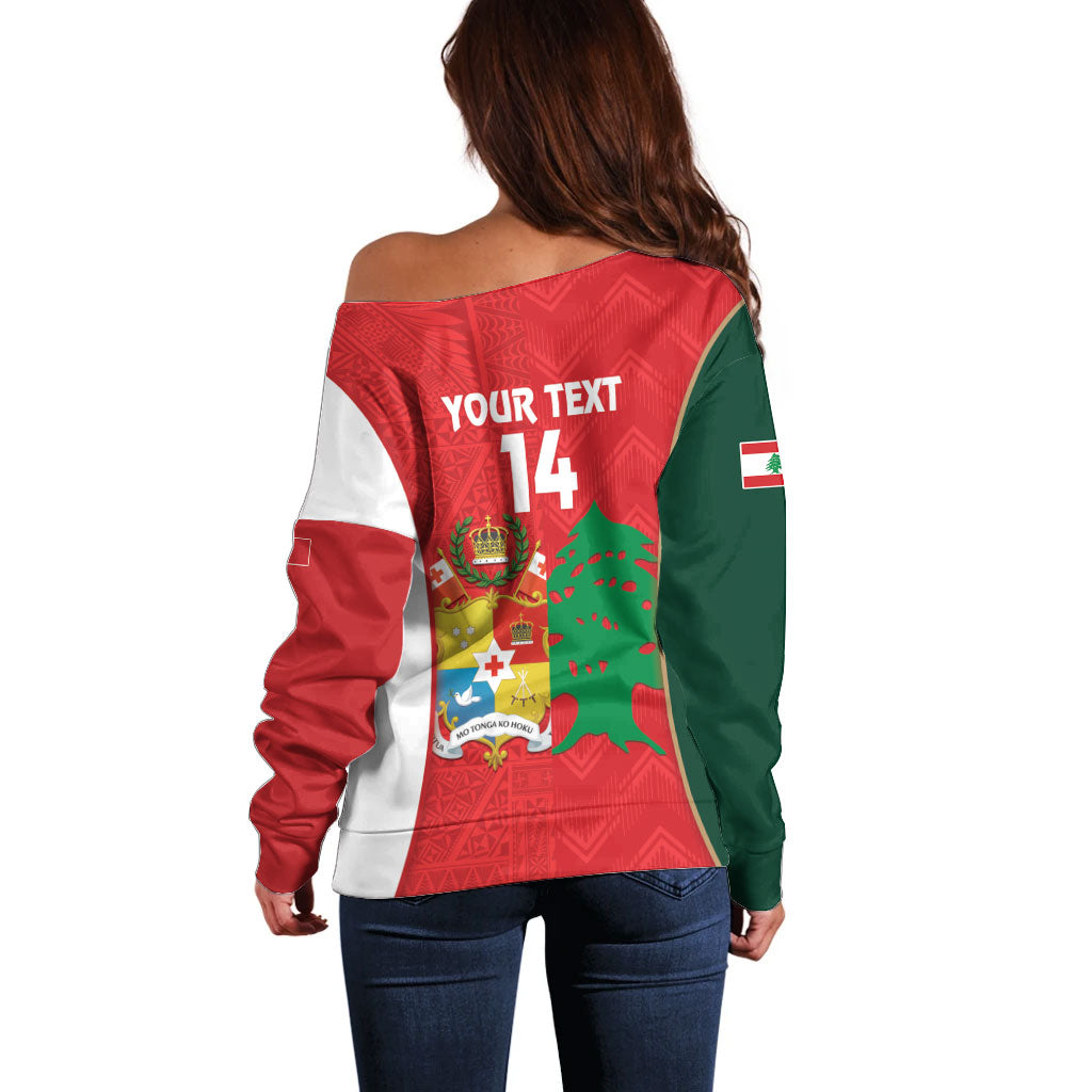 Custom Rugby Tonga and Lebanon Off Shoulder Sweater Mate Maa Tonga Cedars Together