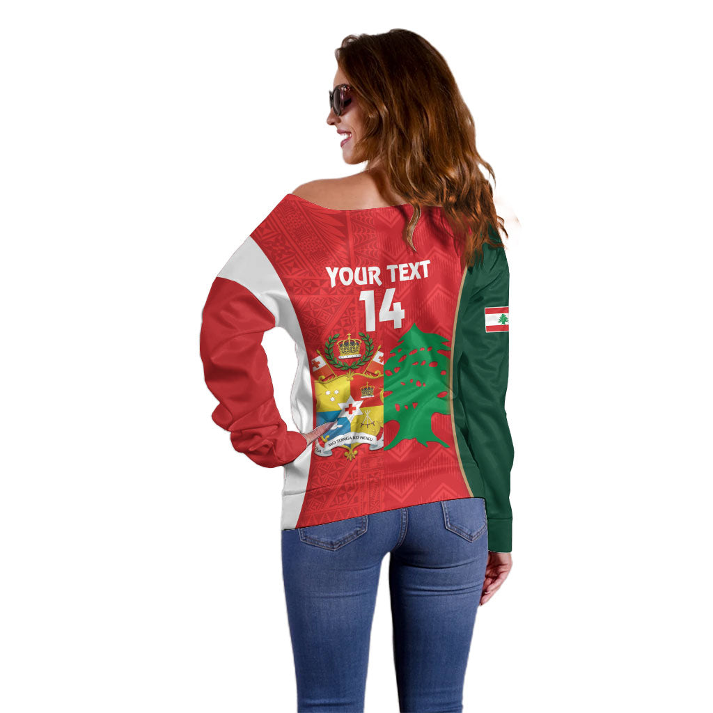 Custom Rugby Tonga and Lebanon Off Shoulder Sweater Mate Maa Tonga Cedars Together